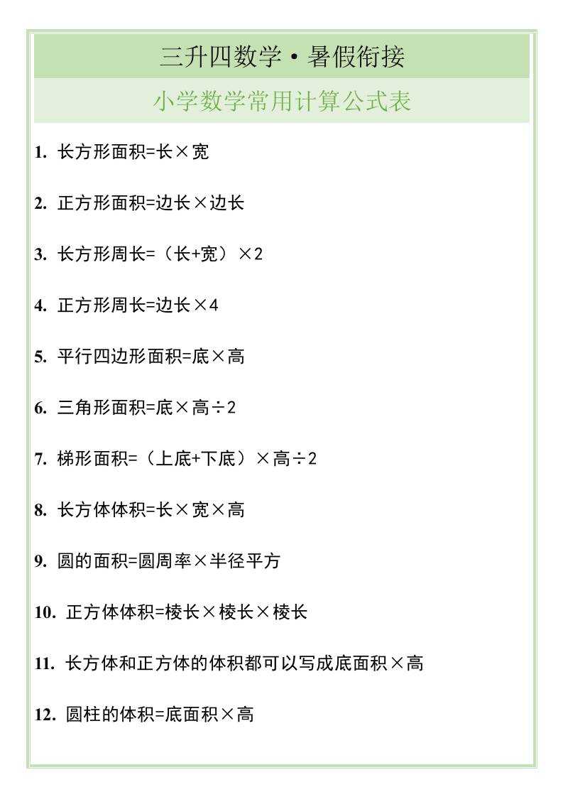 三升四暑假衔接，小学数学常用计算公式表-四上数学