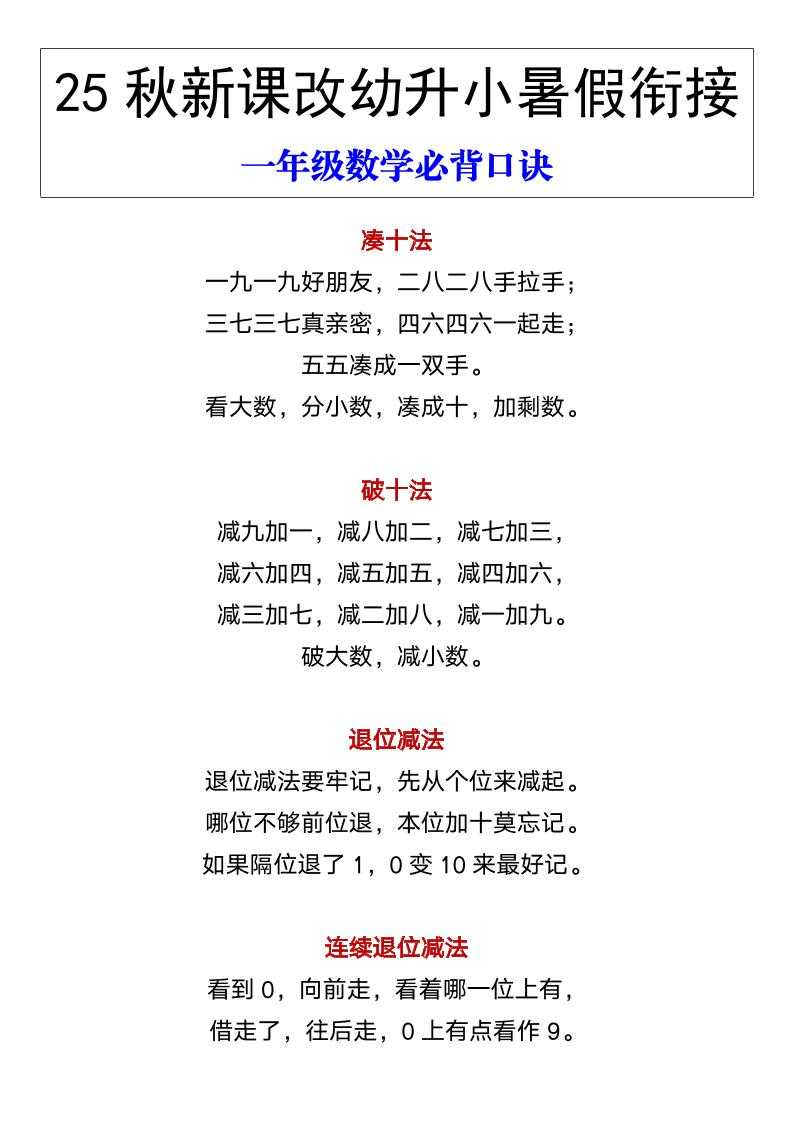 【2025秋新版】幼升小暑假衔接一年级数学必背口诀-一上数学