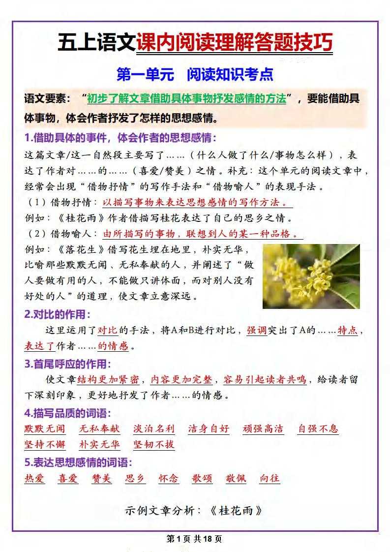 五年级上册语文课内阅读理解答题技巧