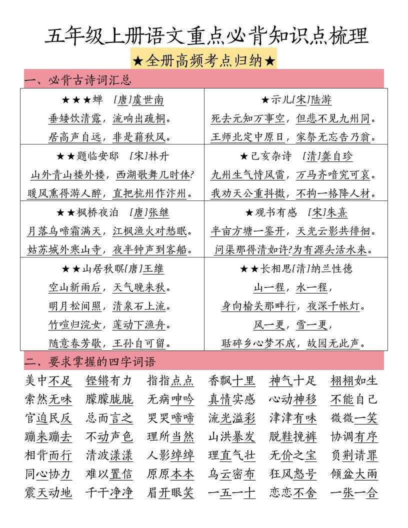 五上语文重点必背知识点梳理